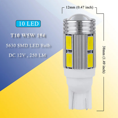 Car LED Bulb T10 W5W 194 – 12V 5630 SMD, 7000K White Light for Interior, Dome, Maps, License Plate and Trunk | Wedge Side Lamp Signal Light