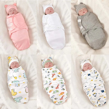 Adjustable Newborn Sleeping Bag: Cotton Baby Swaddle Wrap with Hat Set - Anti-Kick Sleepsack for Warm and Soft Blanket Comfort