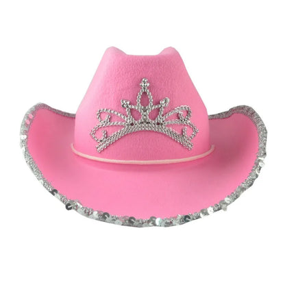 Pink Cowboy Hat for Women and Girls - Wide Brim Western Hat with Glitter Crown, Sequins, and Feathers, Y2K Cowgirl Party Costume Accessories