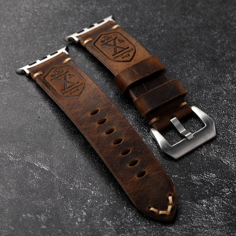 Handmade Vintage Crazy Horse Leather Bracelet – 40MM, 44MM, 45MM, 49MM, Fits Apple Watch S8 Ultra, Folded Thick Brown Strap