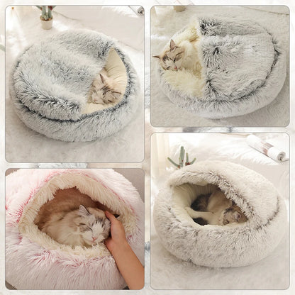 Winter Long Plush 2-in-1 Pet Cat Bed | Round Cushion & Sleep Bag | Warm Cat House & Nest Kennel for Small Dogs & Cats