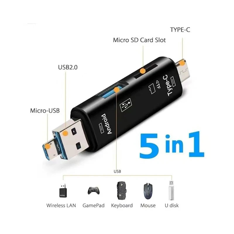 5-in-1 Multifunction USB 3.0 Type-C and Micro USB SD/TF Memory Card Reader - For Android, iPhone, Computer Dock, OTG Adapter