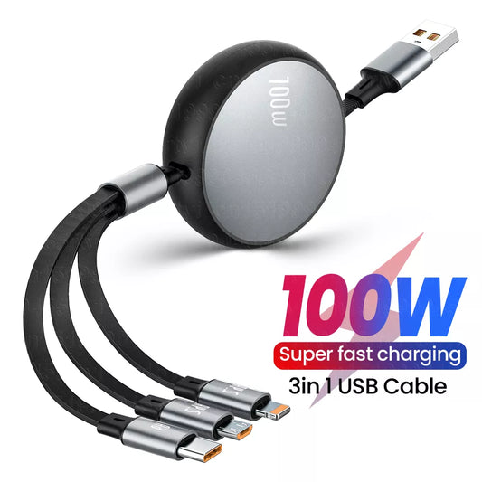 3-in-1 Retractable USB Cable: Fast Charge & Data Transfer for iPhone 14/13/12 Pro Max, Huawei - Supports 8-pin, Type C, Micro Connections