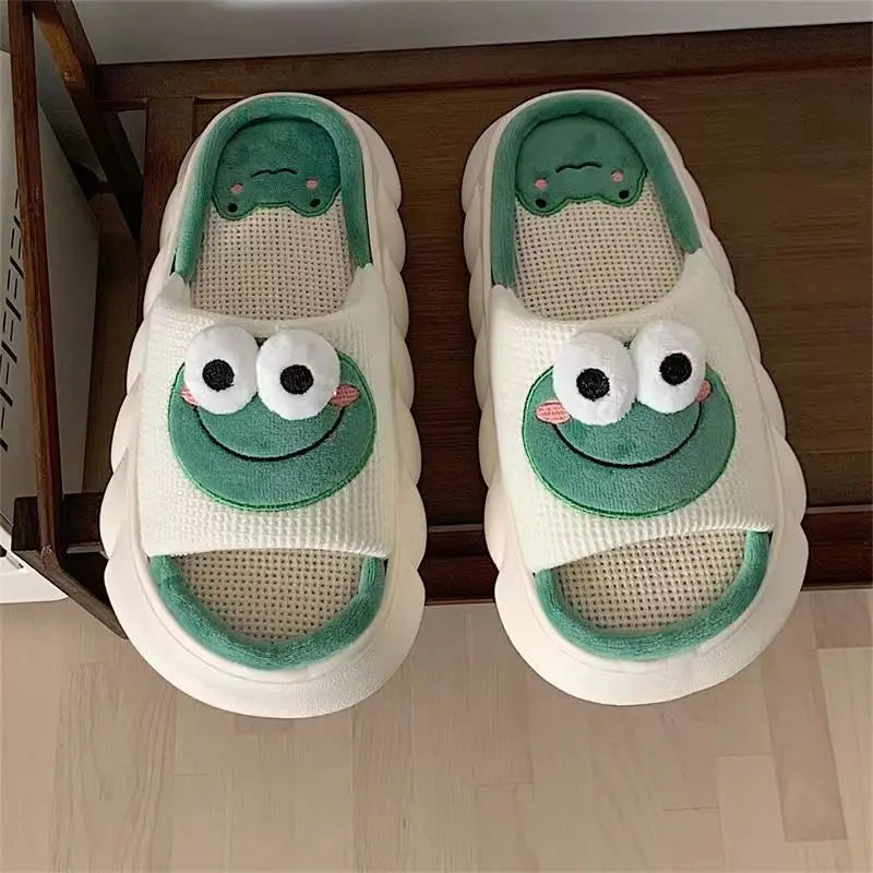 Cute Cartoon Frog Slippers: Winter Warm Indoor Home Slides with Thick Linen Sole - Couple Slipper Bedroom Anti-Slip Shoes Sandals for Women