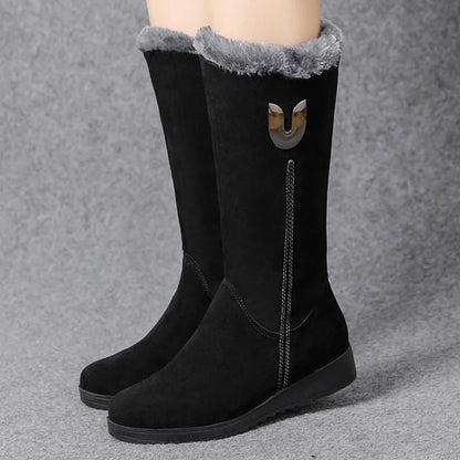 2022 Women's Warm Chelsea High Fur Boots - Chunky Mid-Calf Plush Snow Boots with Zip, Fashion Winter Flat Botas De Mujer