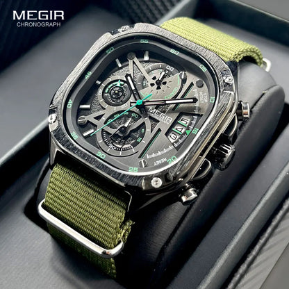 MEGIR Black Quartz Watch for Men – Waterproof, Square Dial, Chronograph, Stainless Steel Strap, Luminous Hands, Auto Date