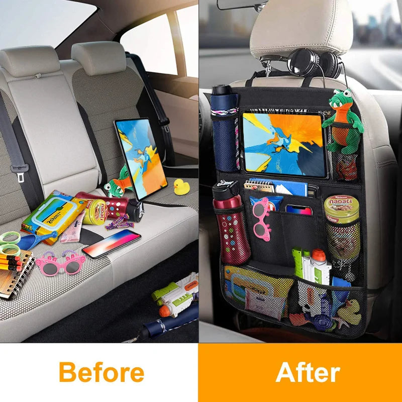 Car Back Seat Organizer with Touch Screen Tablet Holder - Automatic Storage Pocket Protector for Travel Convenience