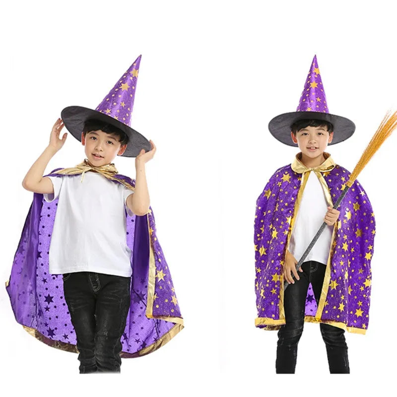 2pcs Kids Halloween Witch Hats and Cape Set - Perfect for Masquerade, Cosplay, and Halloween Party Costumes