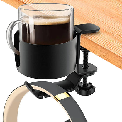 2-in-1 Desk Cup Holder with Headphone Hanger - 360° Rotation, Adjustable Arm Clamp, Headset Hook, and Bottle Holder