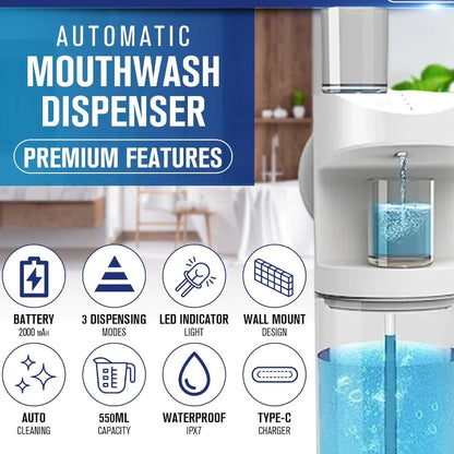 550ml Automatic Mouthwash Dispenser - Rechargeable Mounted Mouth Wash Dispenser with 3 Dispensing Levels and Magnetic Cup Storage