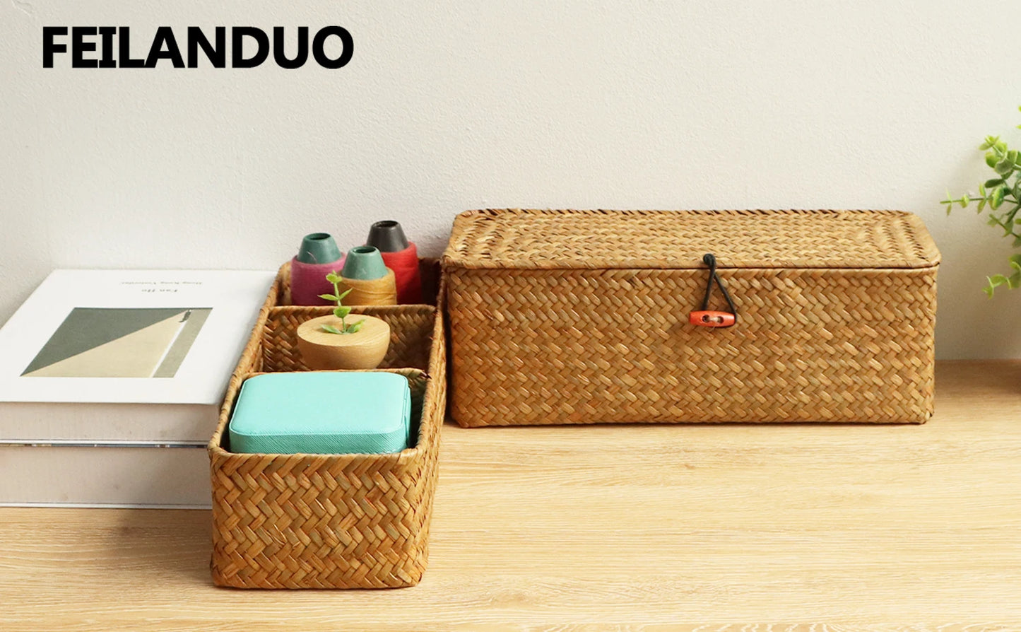 Hand Woven Storage Baskets with Lid - Rectangular Dust-Proof Clothing Storage Box, 3-Grid Wardrobe Container for Sundries Organizer