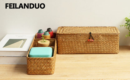 Hand Woven Storage Baskets with Lid - Rectangular Dust-Proof Clothing Storage Box, 3-Grid Wardrobe Container for Sundries Organizer