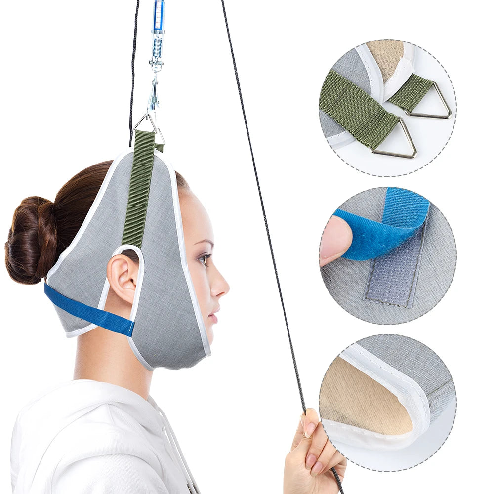 Over-Door Neck Traction Kit - Adjustable Cervical Correction Stretcher with Cushion Belt and Head Massager