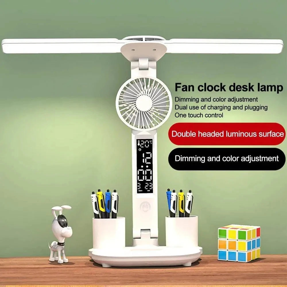 Rechargeable Table Lamp with Fan: Study Desk Lamp LED Reading Light - LED Clock Display