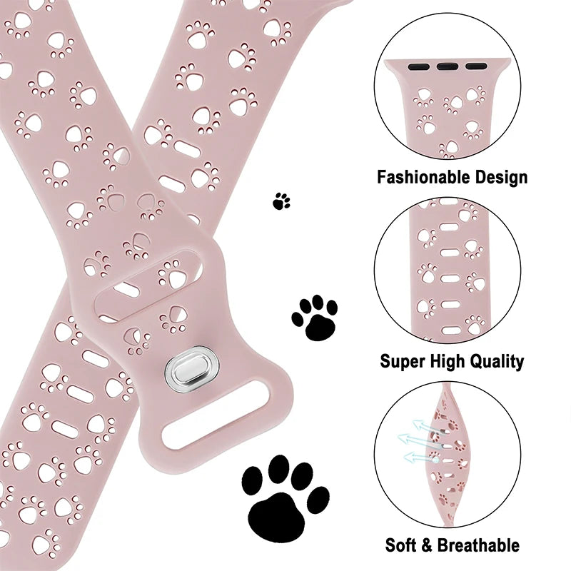 Cat's Paw Hollow Silicone Strap for iWatch Series 3-8 – Leopard Engraved Apple Watch Band ( 38mm, 40mm, 45mm, 49mm )