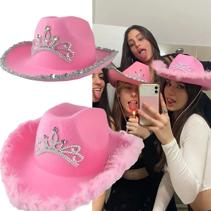 Pink Cowboy Hat for Women and Girls - Wide Brim Western Hat with Glitter Crown, Sequins, and Feathers, Y2K Cowgirl Party Costume Accessories