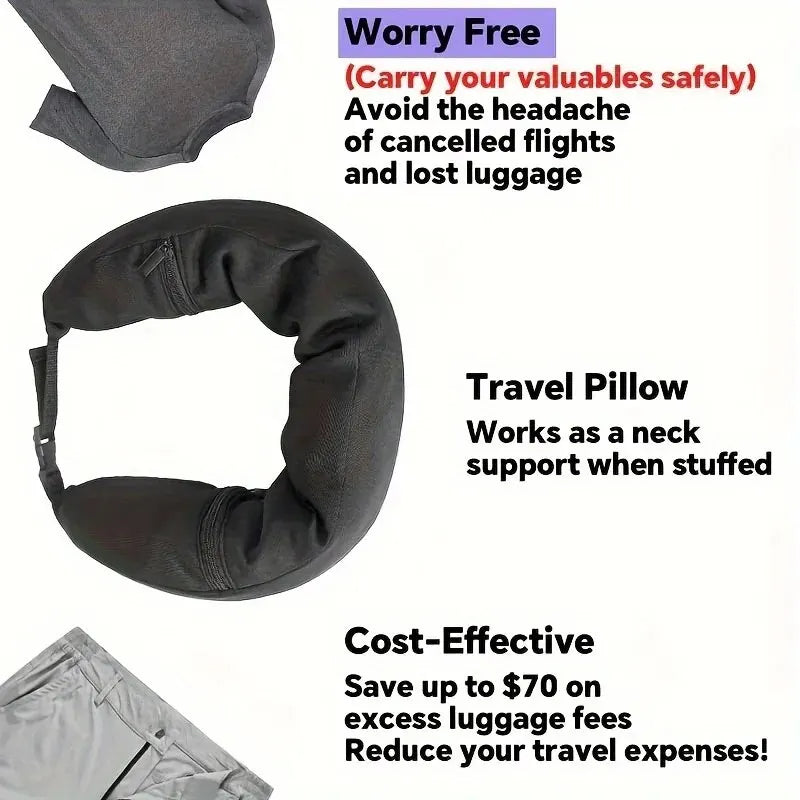 3-in-1 Travel Neck Pillow with Integrated Clothes Stuffing | Avoid Extra Baggage Fees | Essential Travel Companion