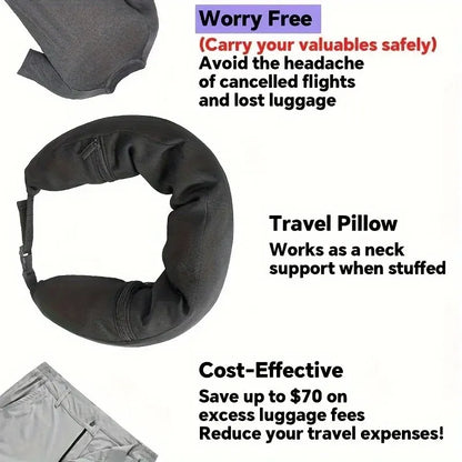 3-in-1 Travel Neck Pillow with Integrated Clothes Stuffing | Avoid Extra Baggage Fees | Essential Travel Companion