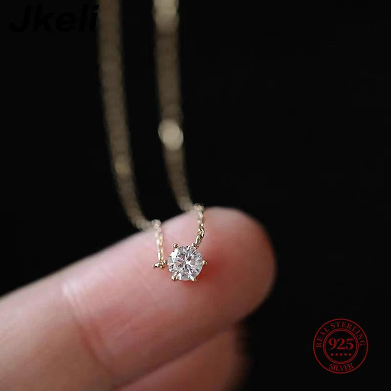 Jkeli 925 Sterling Silver Necklace - 18k Gold Plated with Single Sparkling Zircon, Women's Clavicle Chain for Weddings