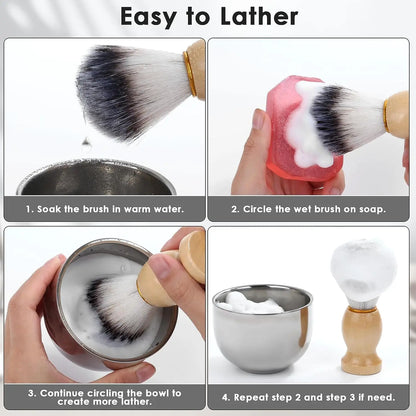 Men's Shaving Brush and Bowl Set – 3 in 1 Wood Handle Shaving Brush Kit with Stainless Steel Bowl and Brush Stand