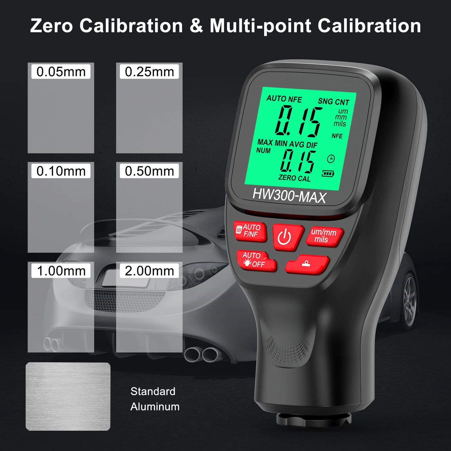 HW300-MAX Car Paint Thickness Gauge - 0-2000UM Coating Meter, Automotive Coating Tester for Fe and NFe Auto Paint