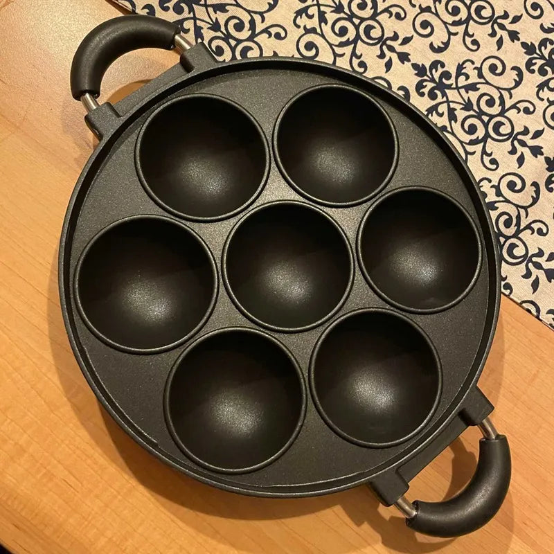 7-Hole Cast Iron Cooking Cake Pan: Non-Stick Omelette & Egg Cooker - Versatile Kitchen Cookware and Cake Mold