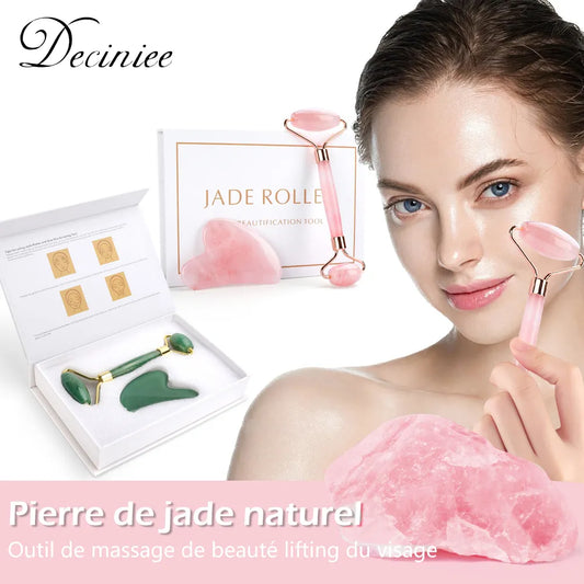 Rose Quartz Jade Roller & Gua Sha Set: Natural Facial & Body Massager for Face Lifting - Beauty Massage Tools with Jade Stone