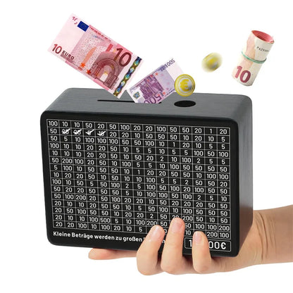 Black Wooden Piggy Bank with Counter - Coin Bank for Saving Euros, Includes Paper Saving Goals and Numbers