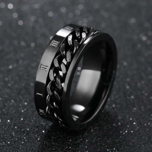 Roman Numerals Stainless Steel Rotating Anxiety Ring - Black Fidget Metal Spinner Knuckle Ring for Men, Anillos De Hombre