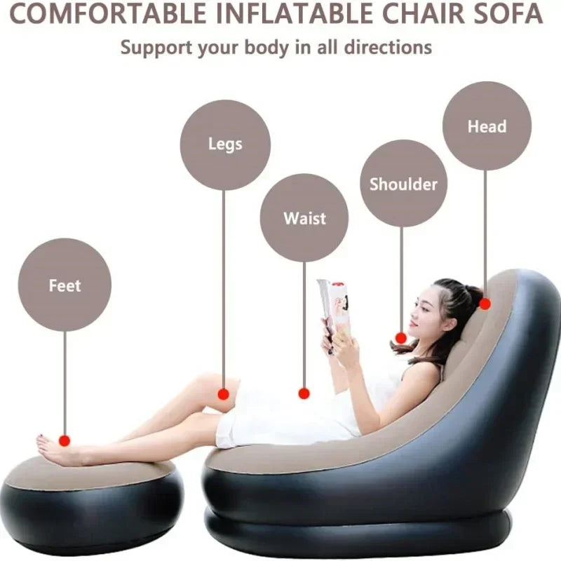 Inflatable Bean Bag Sofa – Foldable Leisure Recliner Bed for Outdoor, Tatami & Bedroom Use, Fluffy Seat & Footstool