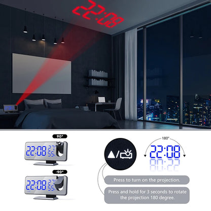 LED Digital Alarm Clock – USB Charging, FM Radio, Time Projector, Snooze Function, and Dual Alarms for Desktop