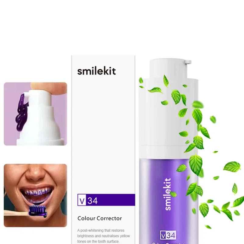 V34 SMILEKIT Purple Whitening Toothpaste - 30ml Stain Removal and Yellowing Reduction for Teeth and Gums, Fresh Breath and Brightening Care