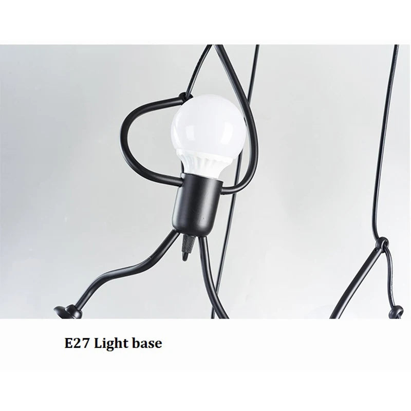 Modern Vintage Iron Little Man Chandelier: LED Ceiling Lamp for Home Living Room & Children's Bedroom Decor in Black E27 Pendant Lights