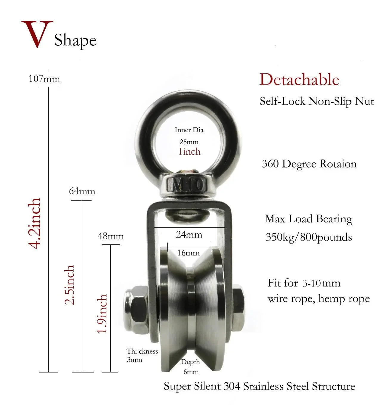 304 Stainless Steel U/V Type Swivel Pulley - Super-Silent Duplex Bearing Design - Detachable Rotation System for Gym Traction Wheels