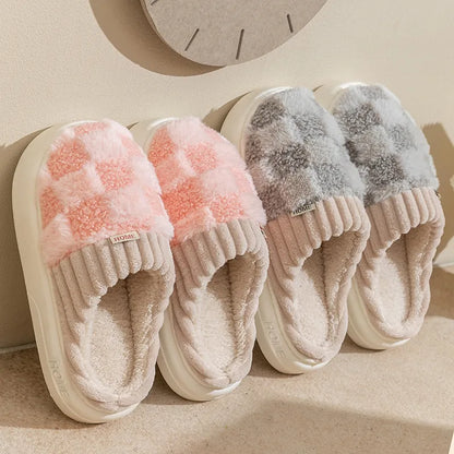 Winter Warmth: Fashion Couple Plaid Cotton Slippers - Thick Soft Sole Slides for Men and Women, Non-Slip Indoor Floor Shoes