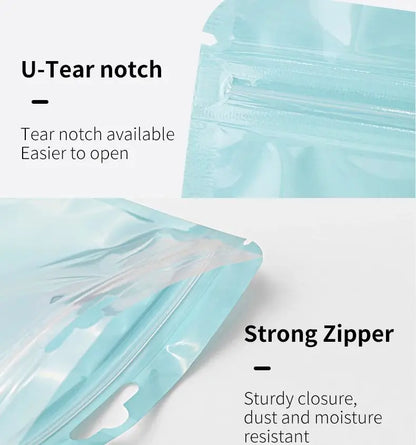 50 Pcs Holographic Transparent Mylar Bags – Colorful Plastic Self-Sealing Storage Bags for Hair, Jewelry, and Commodity Packaging