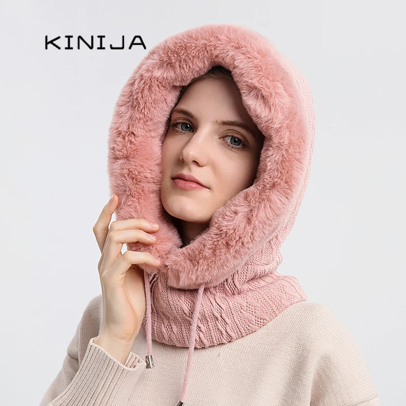 Winter Fur Cap and Mask Set for Women - Hooded Knitted Cashmere Balaclava with Plush Beanies, Windproof and Neck Warm