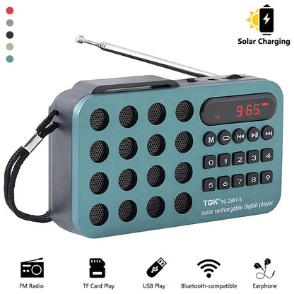 Rechargeable Mini Solar FM Radio and Bluetooth Speaker - Portable Wireless Music Player with USB, TF Card Support and FM Receiver