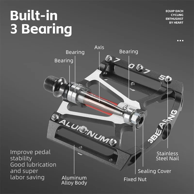 WEST BIKING 3-Bearing Bicycle Pedals - CNC Aluminum Alloy, Anti-Slip, Wide for MTB and Road Bikes - Professional Cycling Accessories