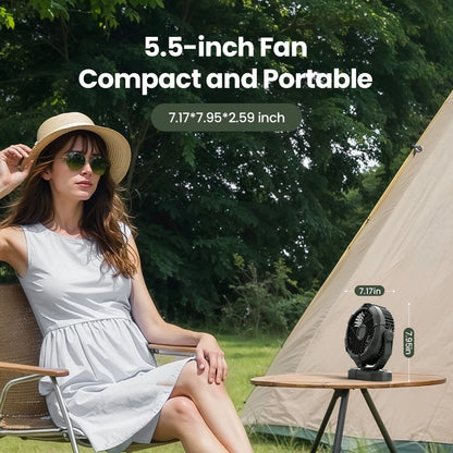 Portable Camping Fan with LED Lantern – 4000mAh 7-Inch Rechargeable Outdoor Tent Fan, 360° Rotation, 3 Speeds, Quiet Battery-Powered