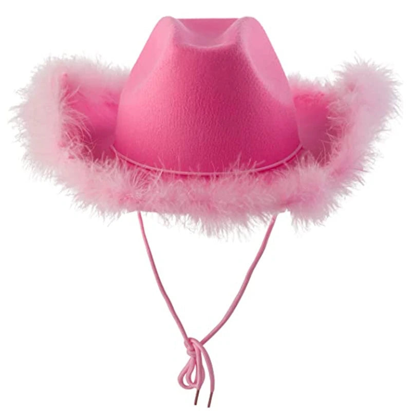 Fluffy Feather Brim Cowboy Hat - All-Match Pink Cowgirl Hat for Mardi Gras and Rave Parties, Model M6CD