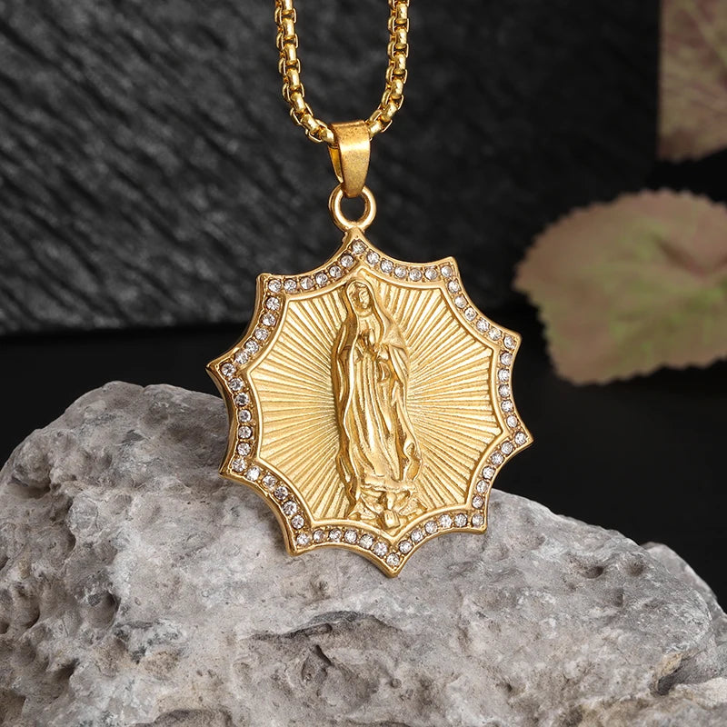 Classic Catholic Virgin Mary Square Pendant Necklace - Christian Religious Prayer Amulet Jewelry Gift for Men and Women