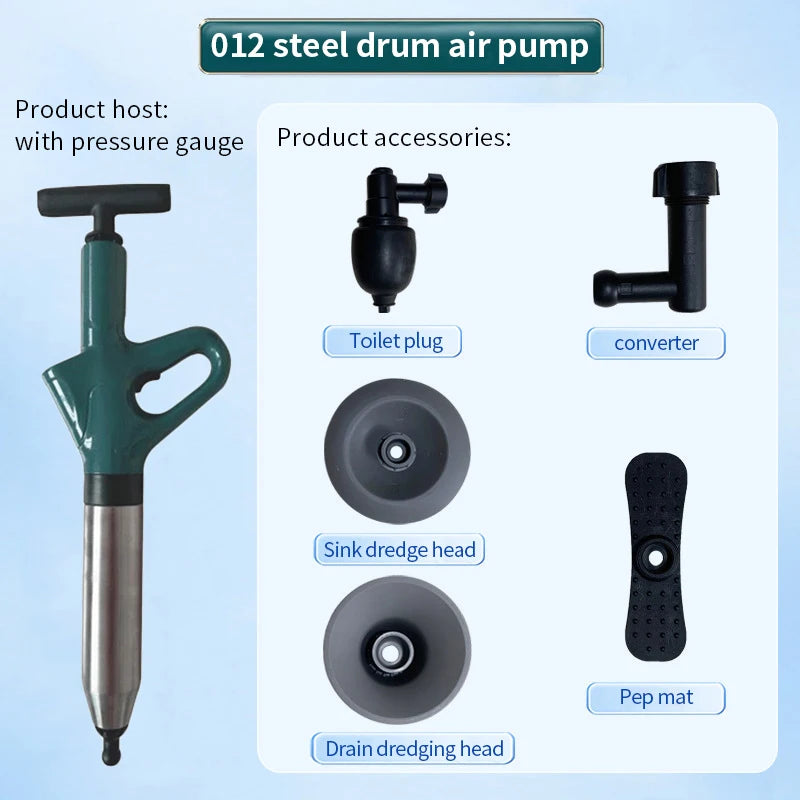 Stainless Steel Toilet Pipe Dredger - Pneumatic Household High-pressure Dredging Tool Set with Thickened Wall Cylinder - Sturdy and Safe