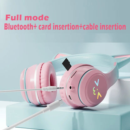 RGB Light Cat's Ears TWS Headset: Gradient Smile Face Headphone - Pink Little Girl Earphone Gift for Any Phone