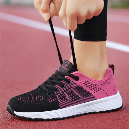 Women Casual Breathable Mesh Lace-Up Flat Shoes: Walking Sneakers in Pink, Black, White - Tenis Feminino