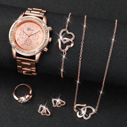 6PCS Women's Rhinestone Watch and Jewelry Set - Fashion Quartz Watch with Stainless Steel Band and Double Heart Design (Without Box)