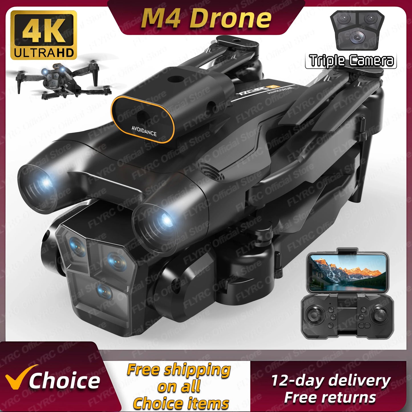 New M4 RC Drone 4K Professional with Wide Angle Triple HD Camera - Foldable WiFi FPV Helicopter with Height Hold