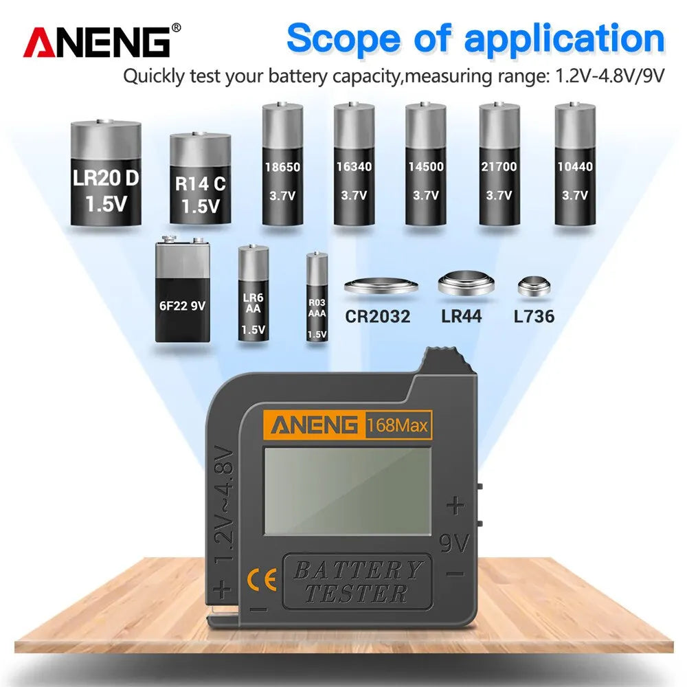 ANENG 168Max Digital Battery Tester - Universal Lithium and Cell Battery Capacity Analyzer with Display for AAA, AA, and Button Cells