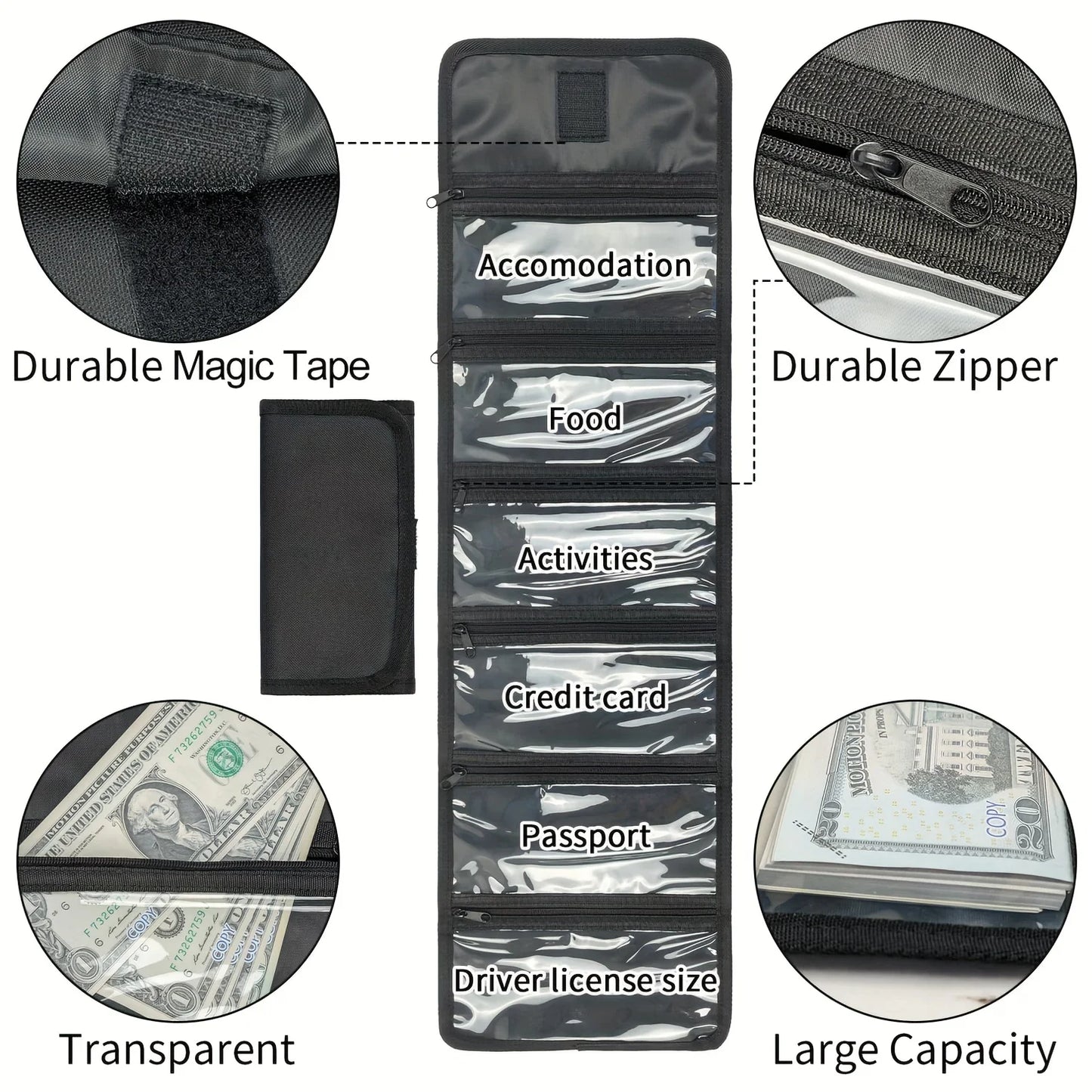 Money Wallet Organizer: 6-Zippered Pocket Multipack Cash Pouch - Bill Organizer Envelope Wallet for Money Management