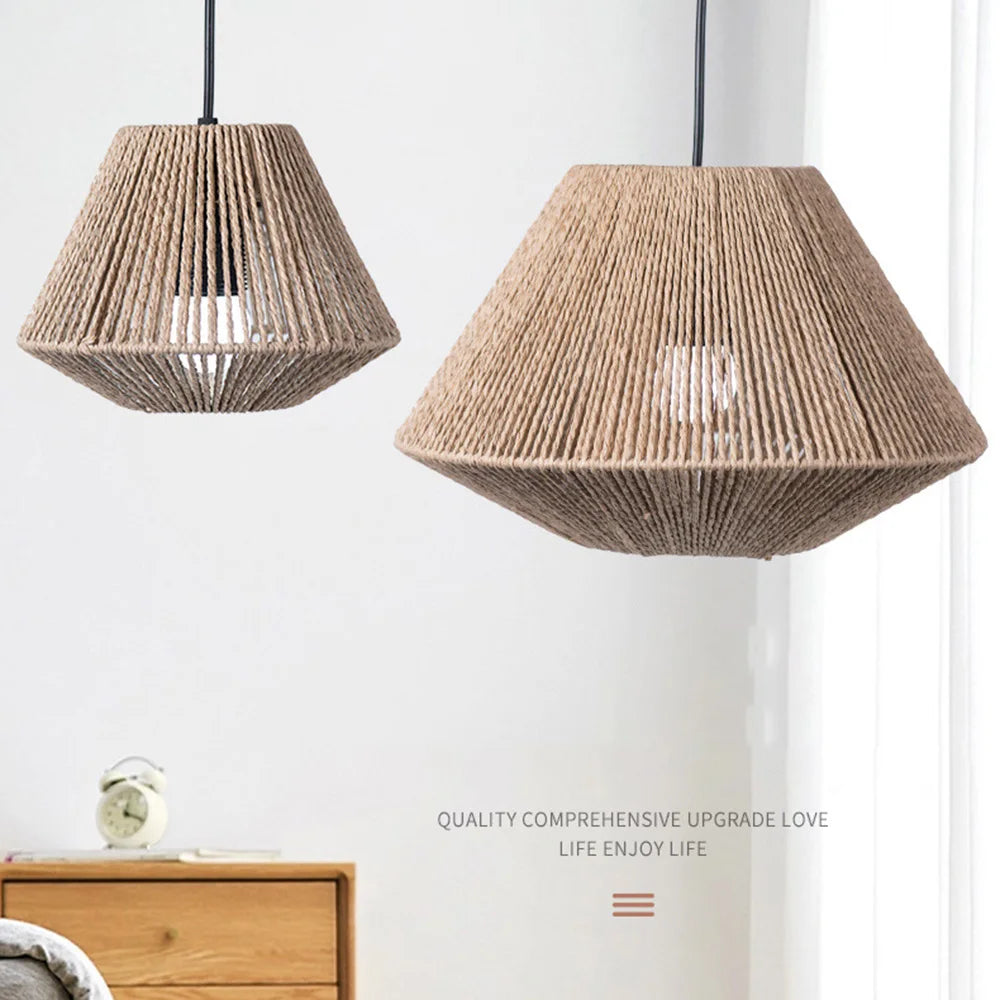 Rattan Lamp with Geometric Shade | Rustic Hanging Wicker Chandelier Light Cover | Decorative Woven Basket Fixture